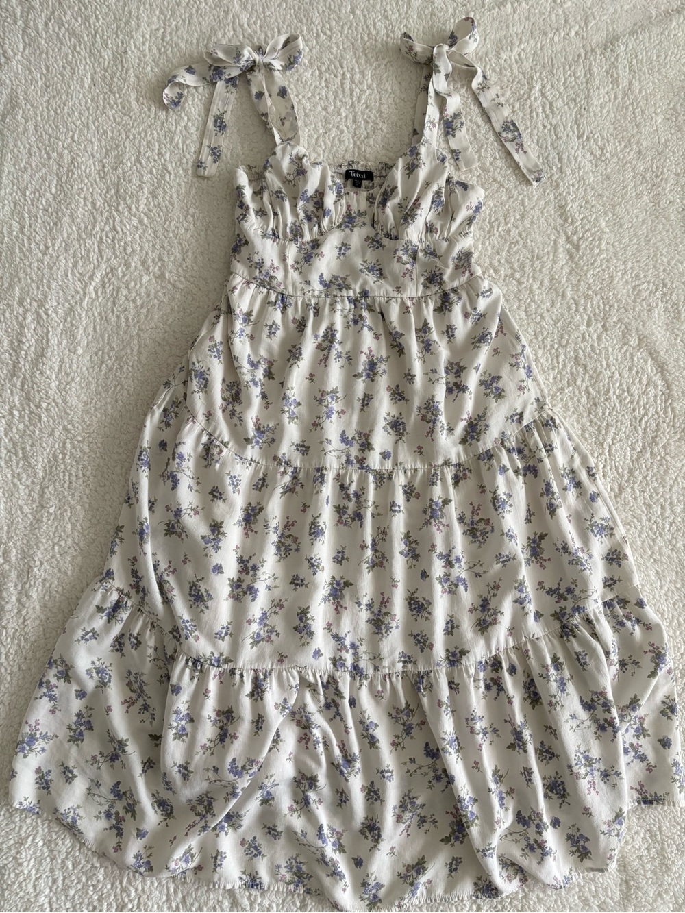 Trixxi Floral Maxi Dress L White Blue Purple Cottagecore Tie Shoulder Boho